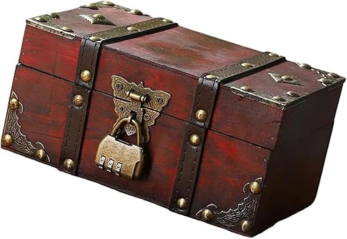 Miniatura 10 de Cofre de madera con cerradura de almacenamiento de color antiguo tronco para coleccionables y joyas caja de madera decorativa con tapa con bisagras