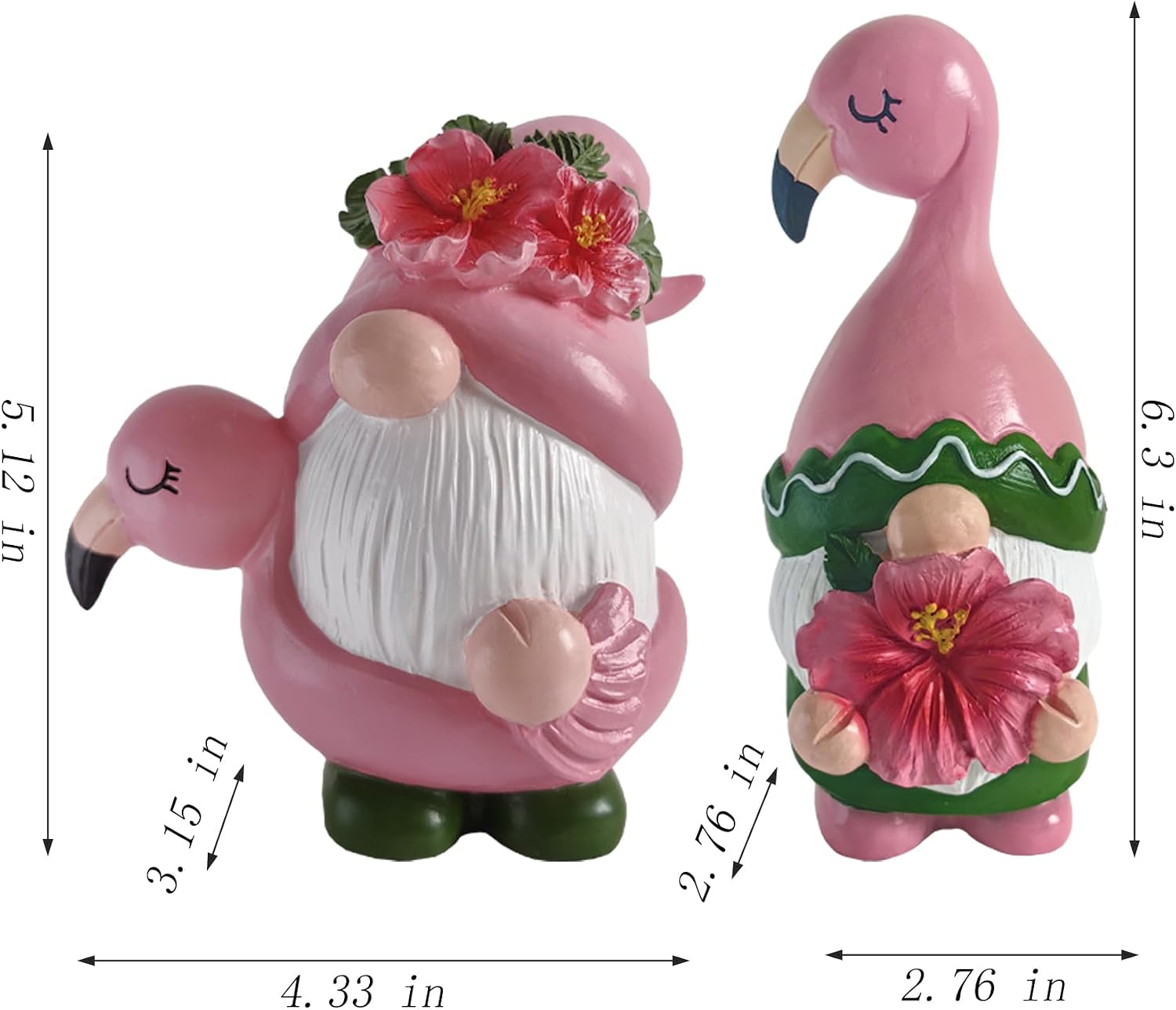Summer Flamingo Gnome with Flower Figurines 2 Pcs, Resin Pink Bird Sculpture Beach Tropical Decor for Garden Patio Yard Lawn Porch