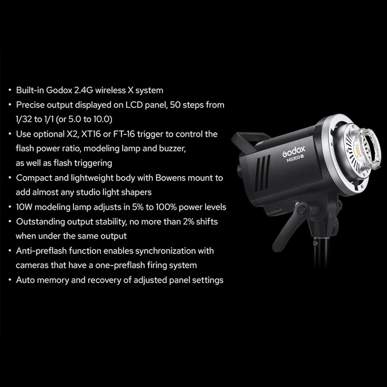 Godox MS300V LED Studio Flash 300W, 2.4G Wireless 5800K LED Light,0.1-1.3 S Recycle Time Bowens Mount with LEDModeling Lamp