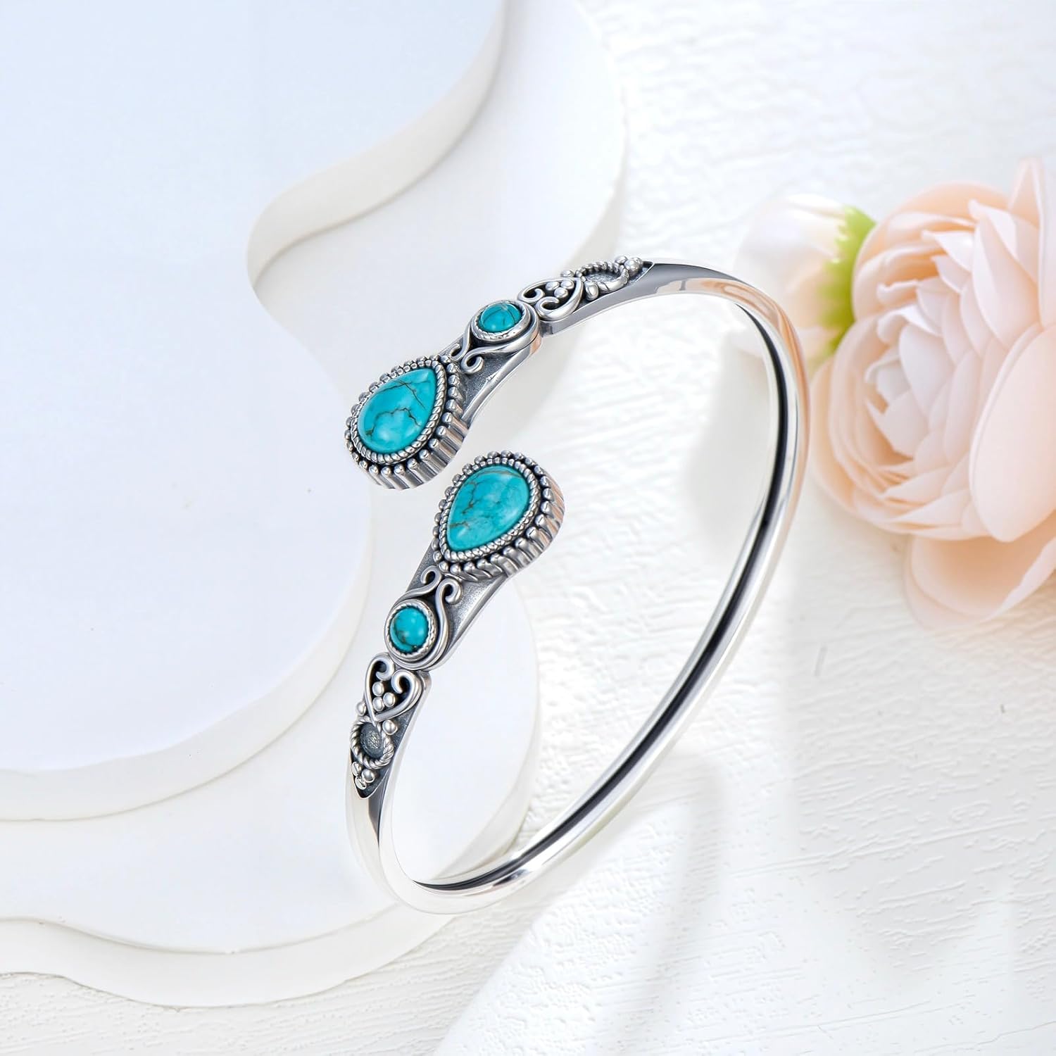 Turquoise Bangle Bracelet for Women 925 Sterling Silver Genuine Turquoise Open Cuff Bracelet Adjustable Hand Stackable Vintage Natural Stone Jewelry Gifts - Image 4