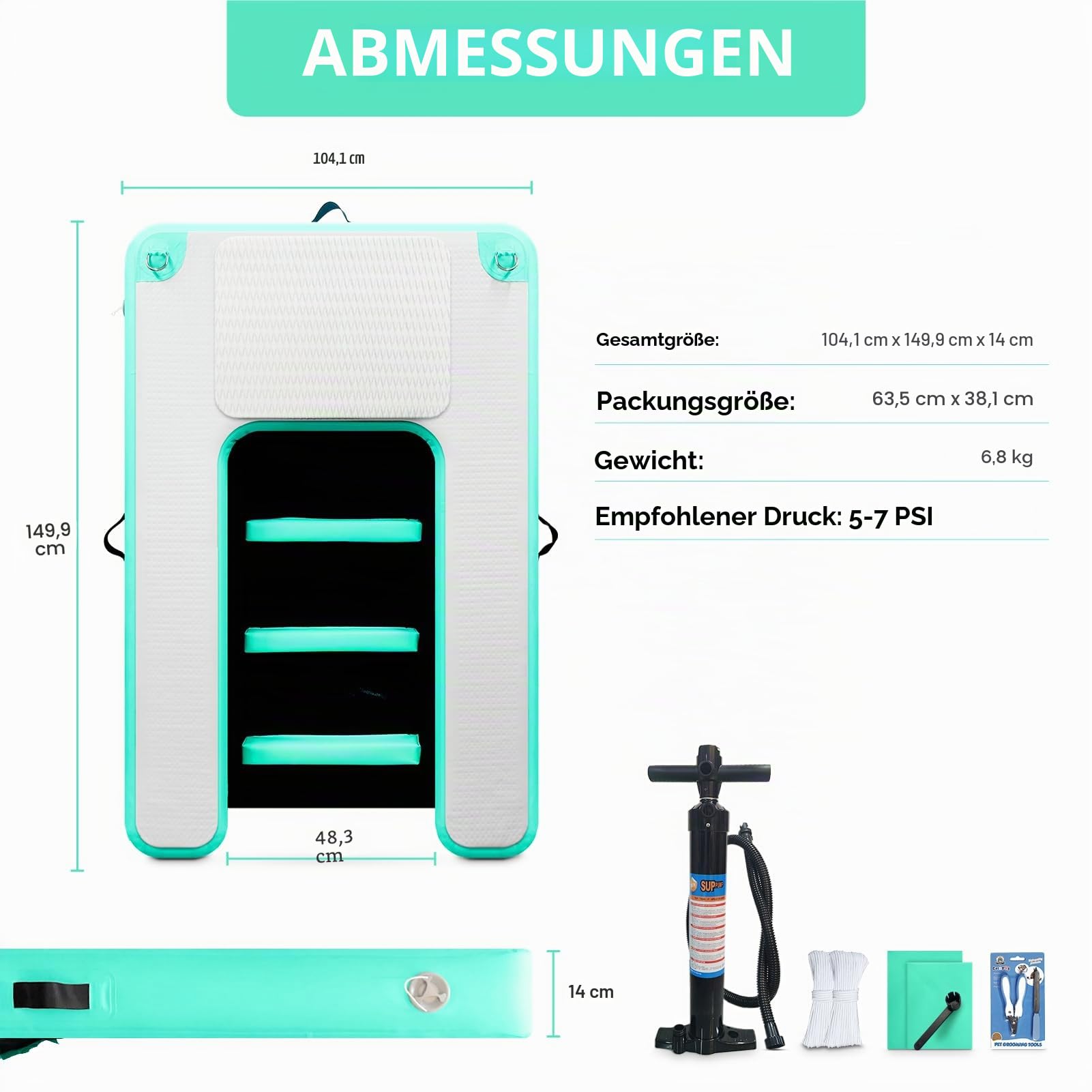 Aufblasbare schwimmende Rampe für große Hunde, zum Schwimmen für Haustiere bis zu 100 kg, aufblasbare Leitern für Boote, Stege, mit Pumpe/Seil/Reparaturset, rutschfestem PVC-Gewebe
