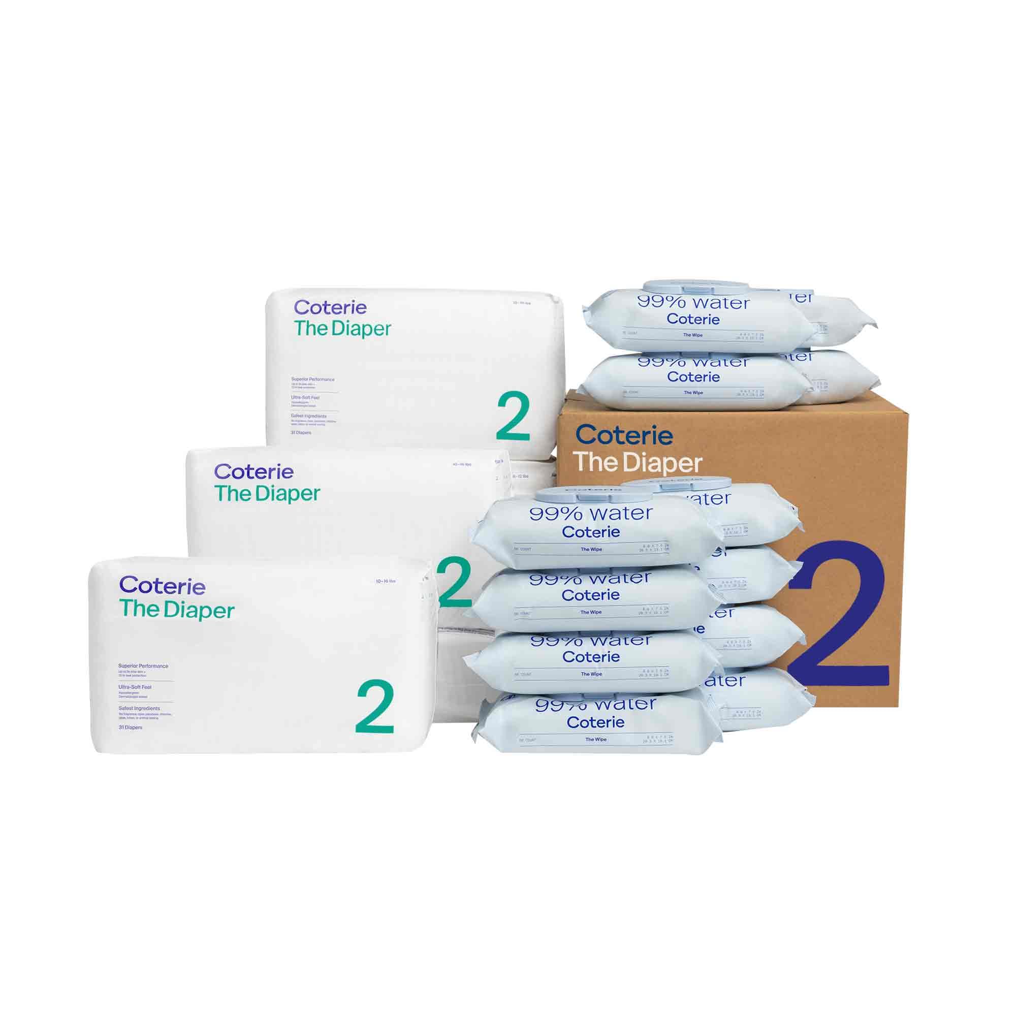 Coterie Baby Diapers + Wipes Baby Kit, 6 Packs Size 2 (186 Count) + 12 Wipe Packs (672 Wipes) Made with Plant-Based Fibers, Hypoallergenic, Designed for Sensitive Skin, Clean Ingredients