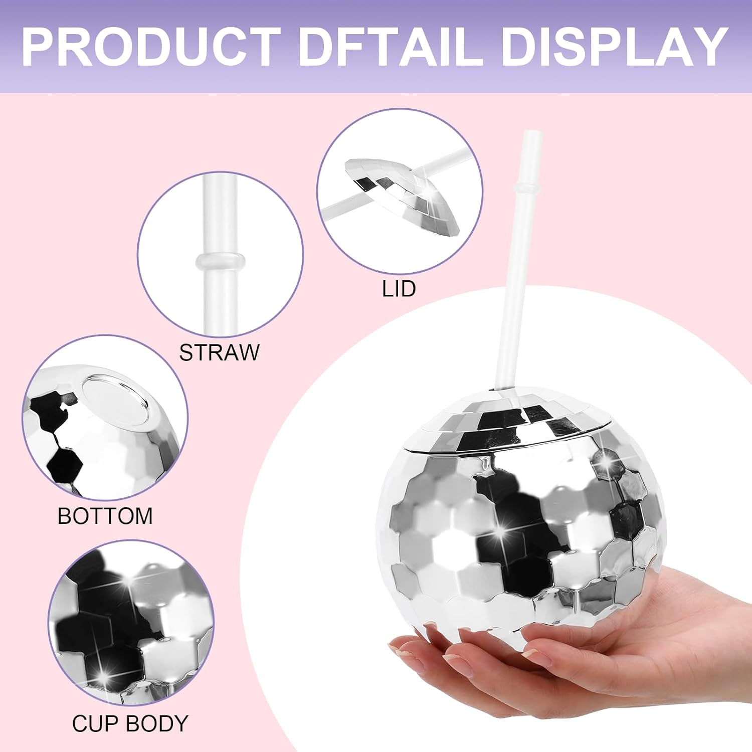 12 Pcs Disco Ball Cups,20 Oz Tumbler Disco Flash Ball Cups,Reusable Spherical Cocktail Cups with Lid and Straw,Silver Disco Wine Cups for Nightclub Disco Bar Party Decor(12 Pcs)