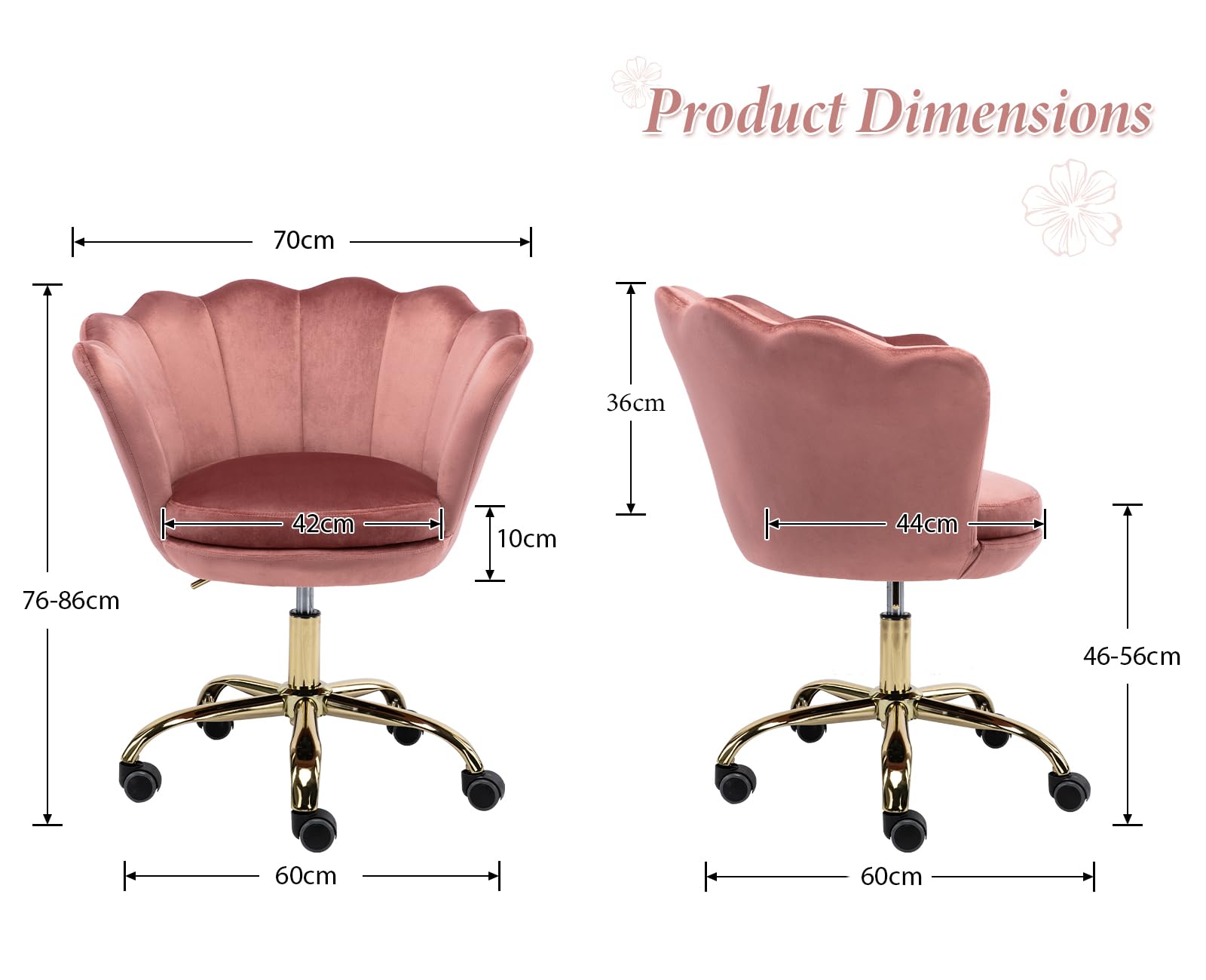 chairus Homeoffice Stuhl, Drehstuhl aus Samt Schreibtischstuhl höhenverstellbar Bürostuhl mit Blütenblatt-Rückenlehne, Vergoldeter Sockel Sessel für Schlafzimmer/Schminktisch,Rosa