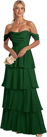 Off Shoulder Chiffon Bridesmaid Dresses Long for Women Tiered Ruffles a Line Formal Evening Dress