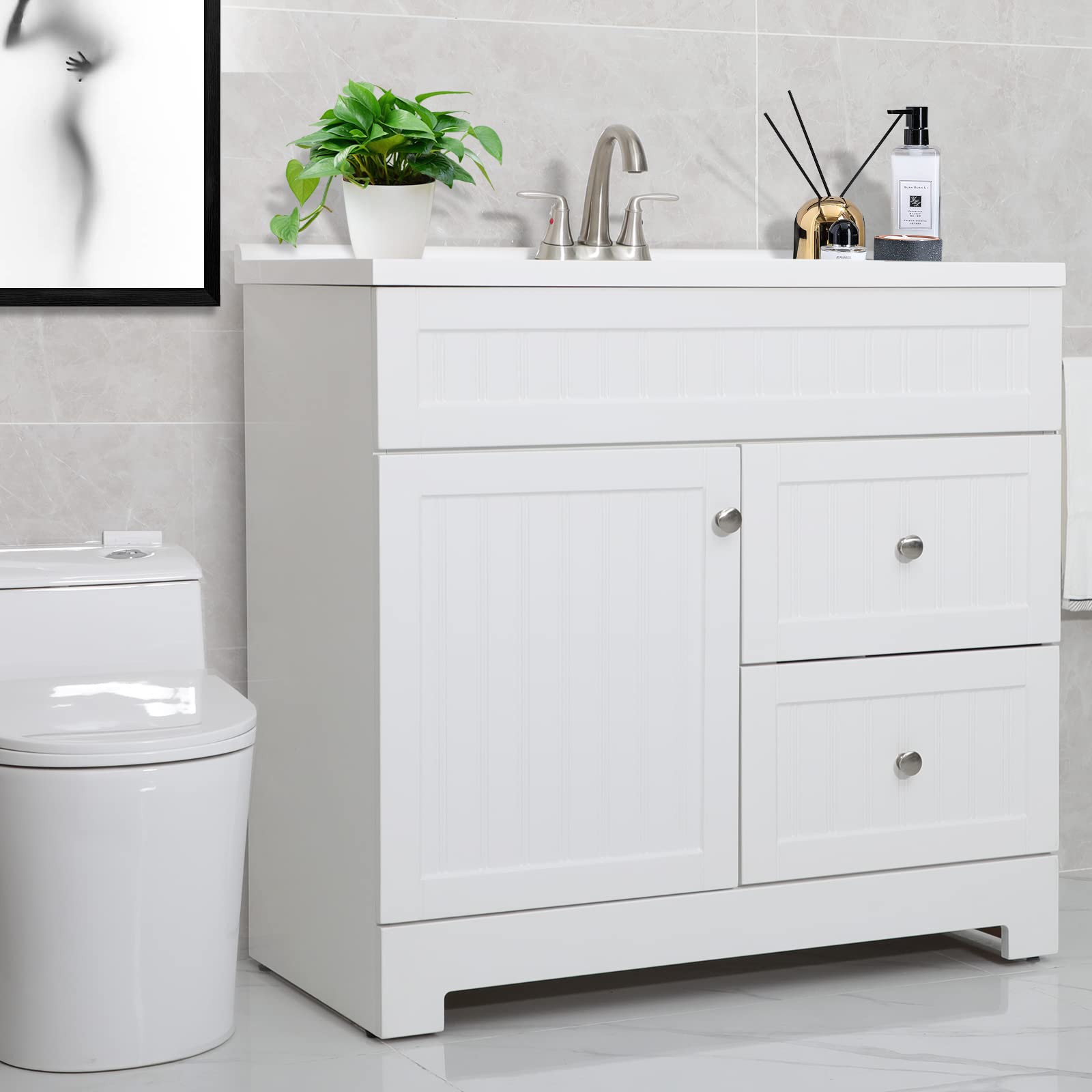 UEV 36" White Bathroom Vanity with Sink Combo,Vanity Sink Set, Stainless Steel Faucet with Adjustable Water Temperature,Triple