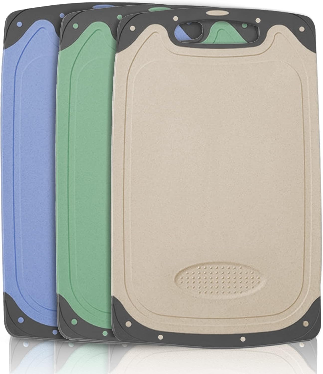 Chopping Board Set, 3 Pcs BPA Free Kitchen Plastic Cutting Boards, Large Chopping Boards with Non-Slip Feet, Deep Drip Juice Groove & Garlic Grinding Groove for Cutting Different Types of Food