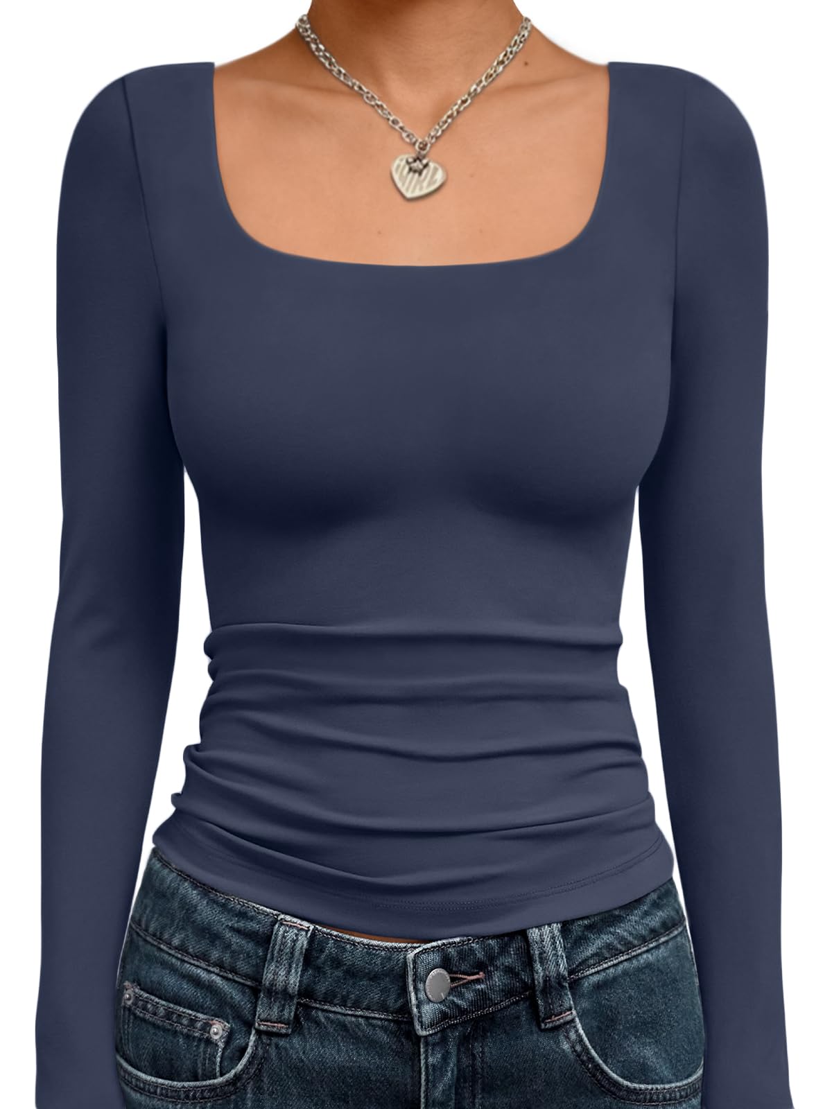 Trendy Queen Womens Long Sleeve Shirts Crop Tops Fall Fashion 2025 Square Neck Going Out Basics Tees Y2k Clothes