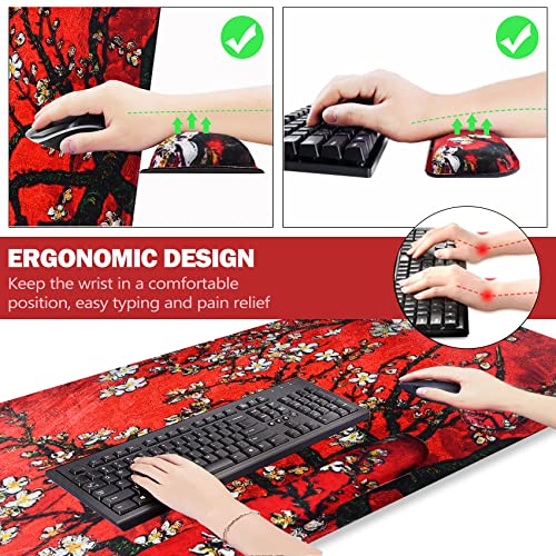 Image of ArtSo Large Gaming Mouse Pad, Keyboard Wrist Rest Pad & Wrist Support Mousepad Set, Stitched Edge, Extended, Non-Slip Base, Memory Foam Desk Mat 4pcs for Office & Home, Red Van Gogh Painting