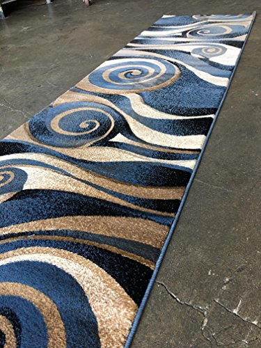 Sculpture Modern Long Abstract Runner Area Rug Blue Beige Black Design 258 (32 Inch X 15 Feet 10 Inch) #TOP2