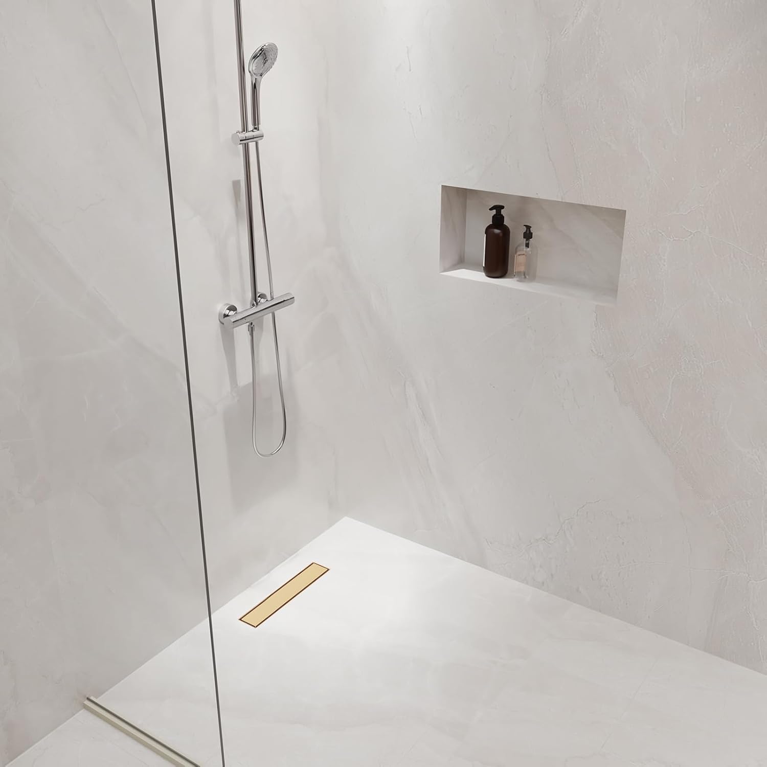 dlone linear shower drain | 18" aisi 304 stainless steel shower drain, brushed gold linear drain with tile insert panel & adjustable feet, long rectangle shower floor drain in bathroom, balcony etc brushed gold 18 inch