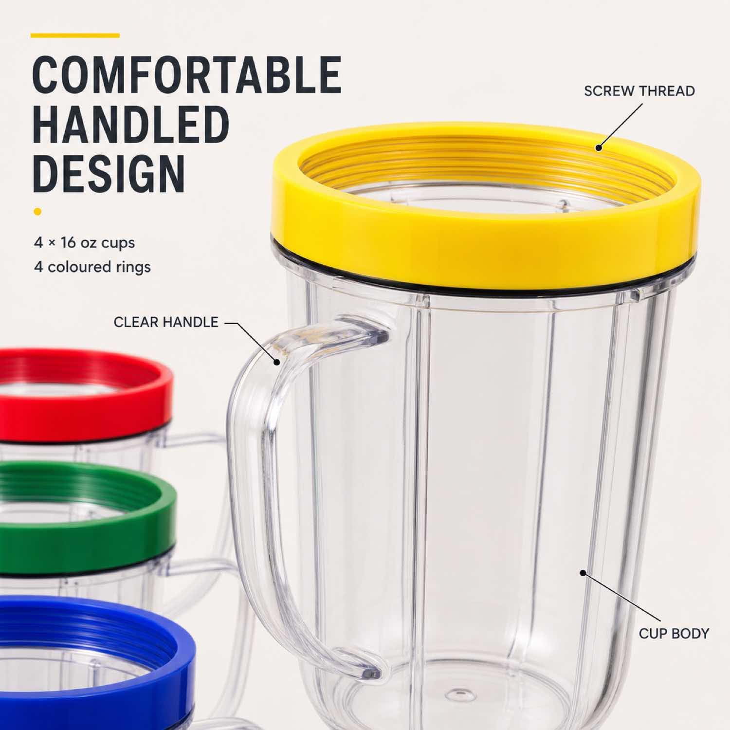 Kubki na imprezę 45 ml kubki z kolorowymi pierścieniami do ust, pasują do oryginalnych magicznych pocisków blender sokowirówka 250 W MB1001 4 szt