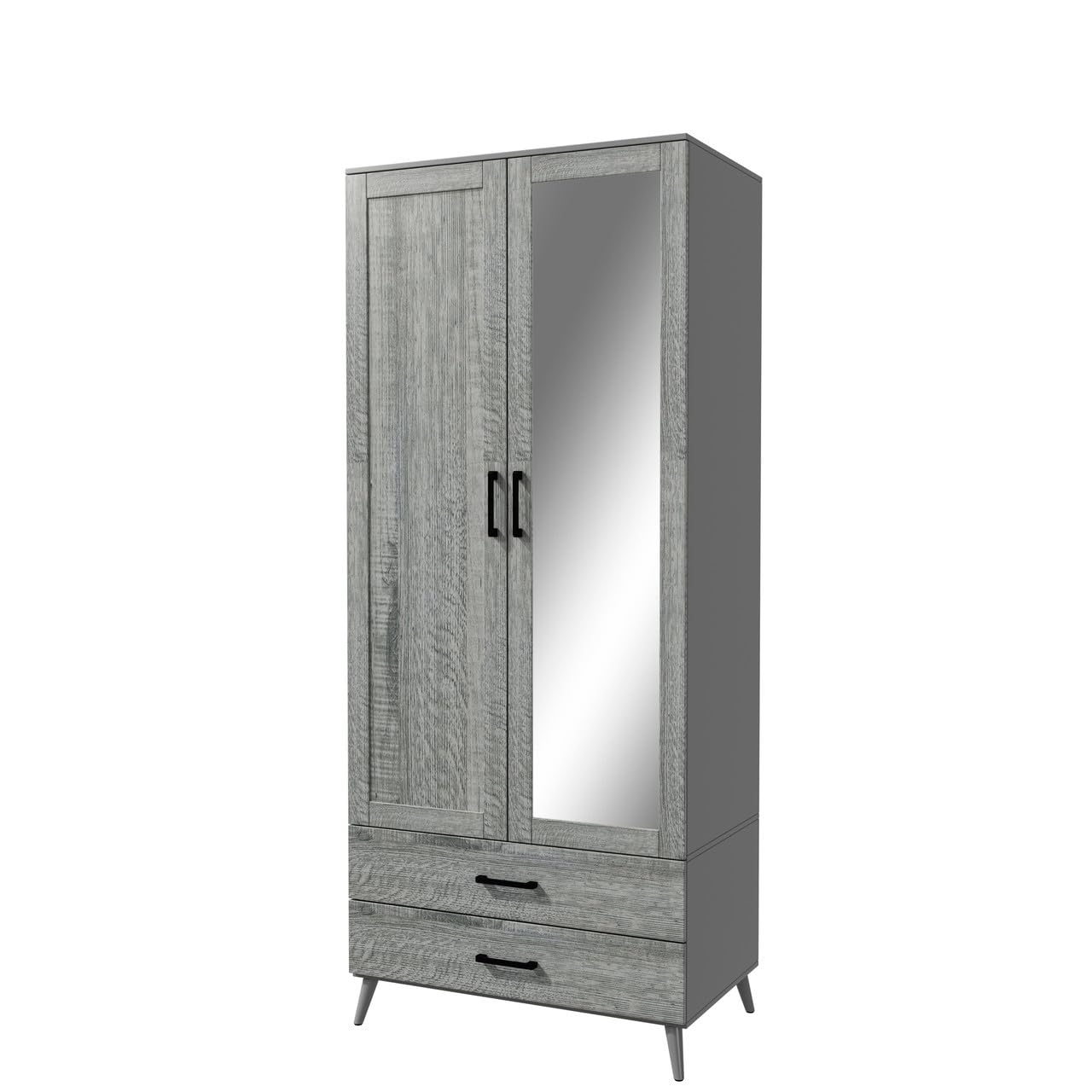 URBNLIVING 180cm Grey Freestanding Mirror Wardrobe with Ash Grey 2 Door 2 Drawer Modern Shelf Clothes Storage Cupboards Unit for Bedroom Hanging Rail with Wooden legs