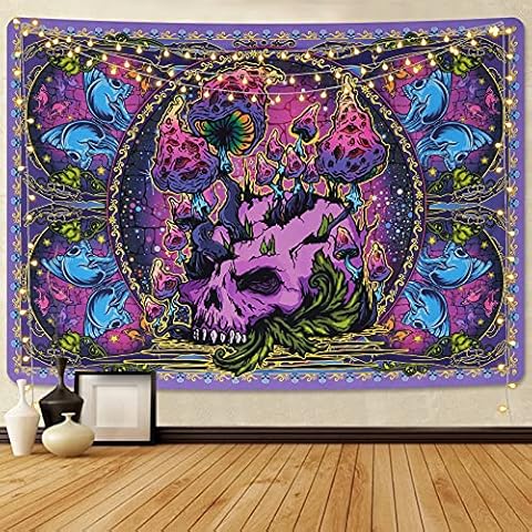 Psychedelic Mushroom Tapestry Trippy Skull Tapestry Skeleton Tapestry Mysterious Eyes Tapestry Hippie Colorful Mushroom Tapestry Wall Hanging for Room(51.2 x 59.1 inches) Cover