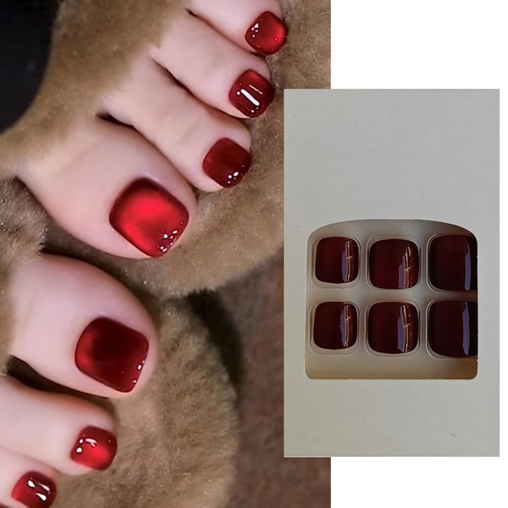S.A.V.I 24 Pcs Dark Red Cat’s Eye Toe Nail Tips – Short Natural Shape Press-On Nails for Toes | Glossy Reusable False Nails | DIY Pedicure Kit – Salon-Finish, Easy to Apply & Remove | Adhesive Tabs & Glue Included-image-32