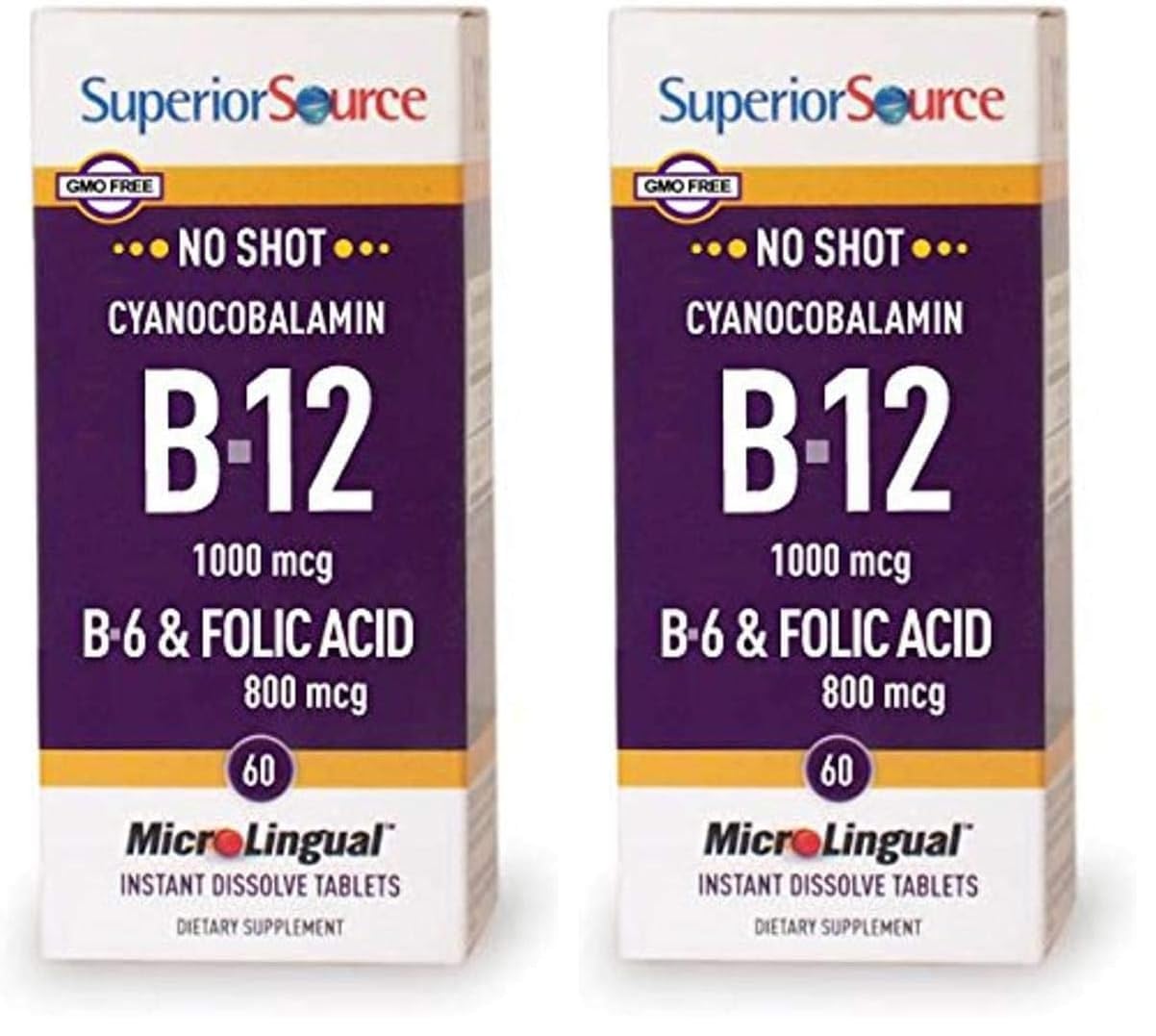 Superior Source No Shot Vitamin B-12 Cyanocobalamin 1000 mcg, B-6, Folic Acid 800 mcg - Support Brain & Heart Health - Aids Natural Energy Levels - 60 Sublingual Dissolving Tablets (Pack of 2) 60 Count (Pack of 2)