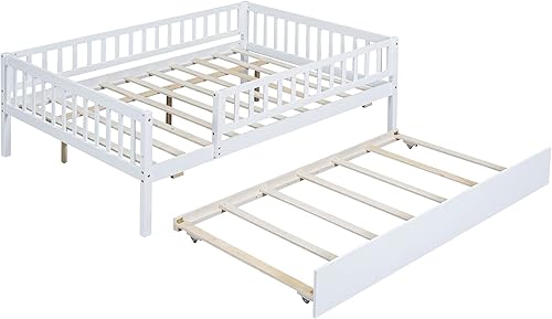 Miniatura 69 de Sofá cama matrimonial con nido de tamaño individual, marco de cama de madera para niños con valla, cama nido para niñas, niños, cama de plataforma