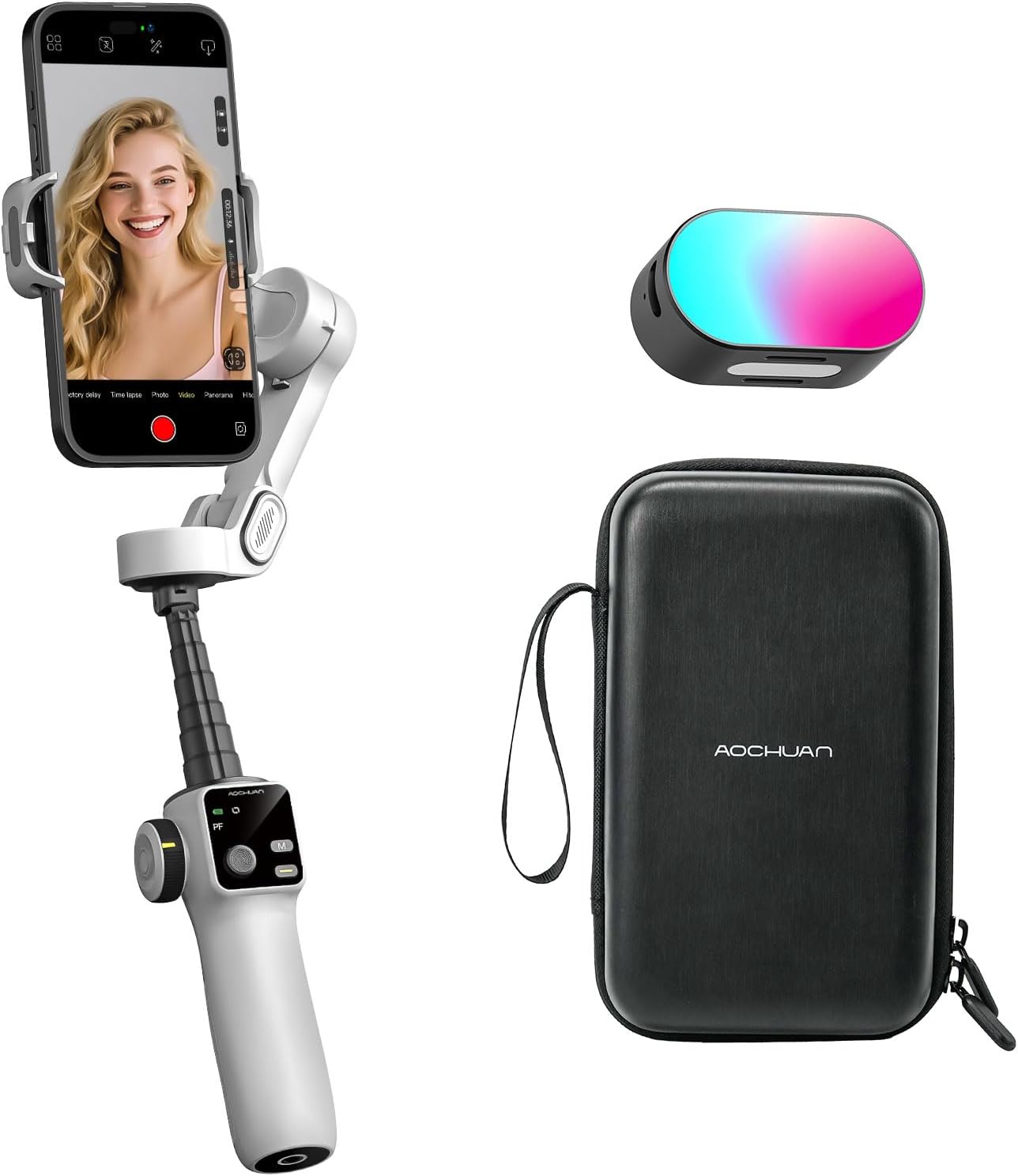 AOCHUAN Gimbal Stabilizer for iPhone & Android, 3-Axis Phone Gimbal with 7.8" Extendable Rod, Magnetic RGB LED Light, 7 Color Temperature, EVA Protective Storage Bag w/Hand Strap, V8 WH& AL20& B30
