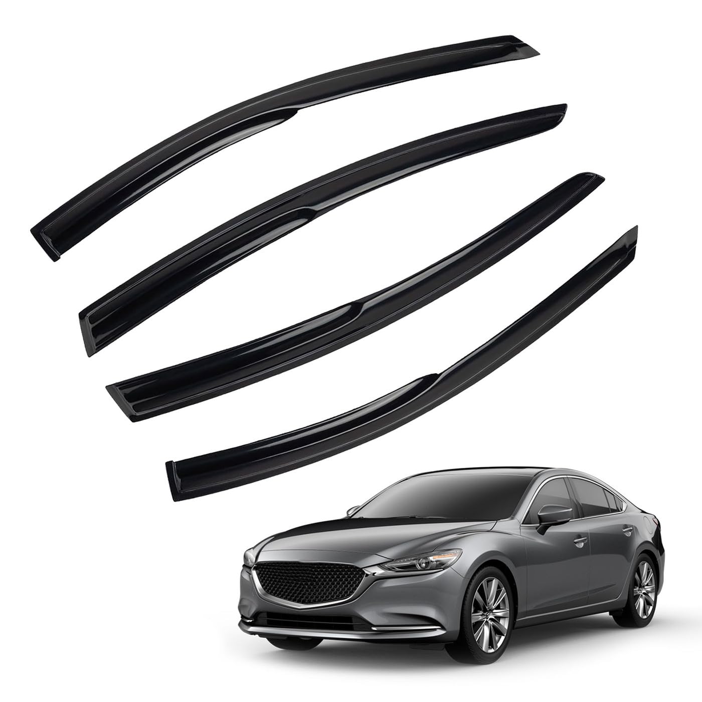 MXSAG 4pcs JDM 3D Wavy MU Style Window Visors Compatible with 2014-2021 Mazda 6 Atenza, Front+Rear Left+Right Outside Mount Type Dark Smoke Tint