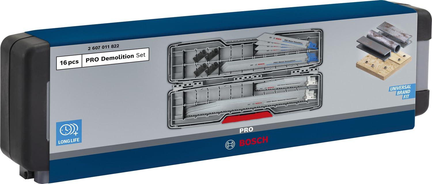 Bosch 16x PRO Tough Box Demolition Säbelsägeblatt-Set, 16-tlg. (für Rohre und Profile aus Metall, Nichteisenmetalle, Länge mm, Professional Zubehör Säbelsäge)