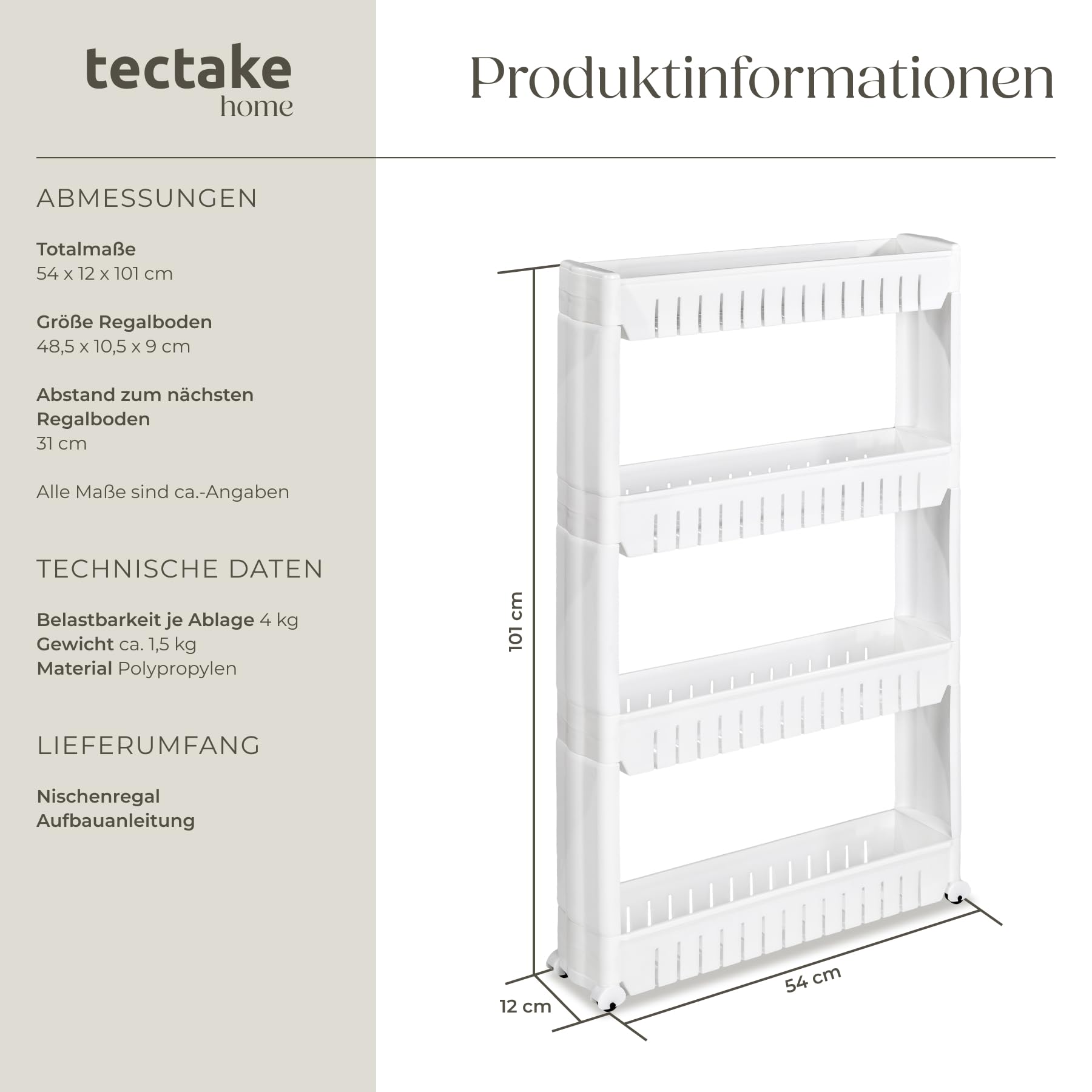 tectake® Nischenregal, Regal schmal 54 x 12 x 101 cm, Nischenschrank mit Rollen, Nischenwagen mit 4 Ebenen, Regal Küche, Küchenwagen, Badezimmerschrank, Beistellschrank, Badmöbel, Badschrank schmal