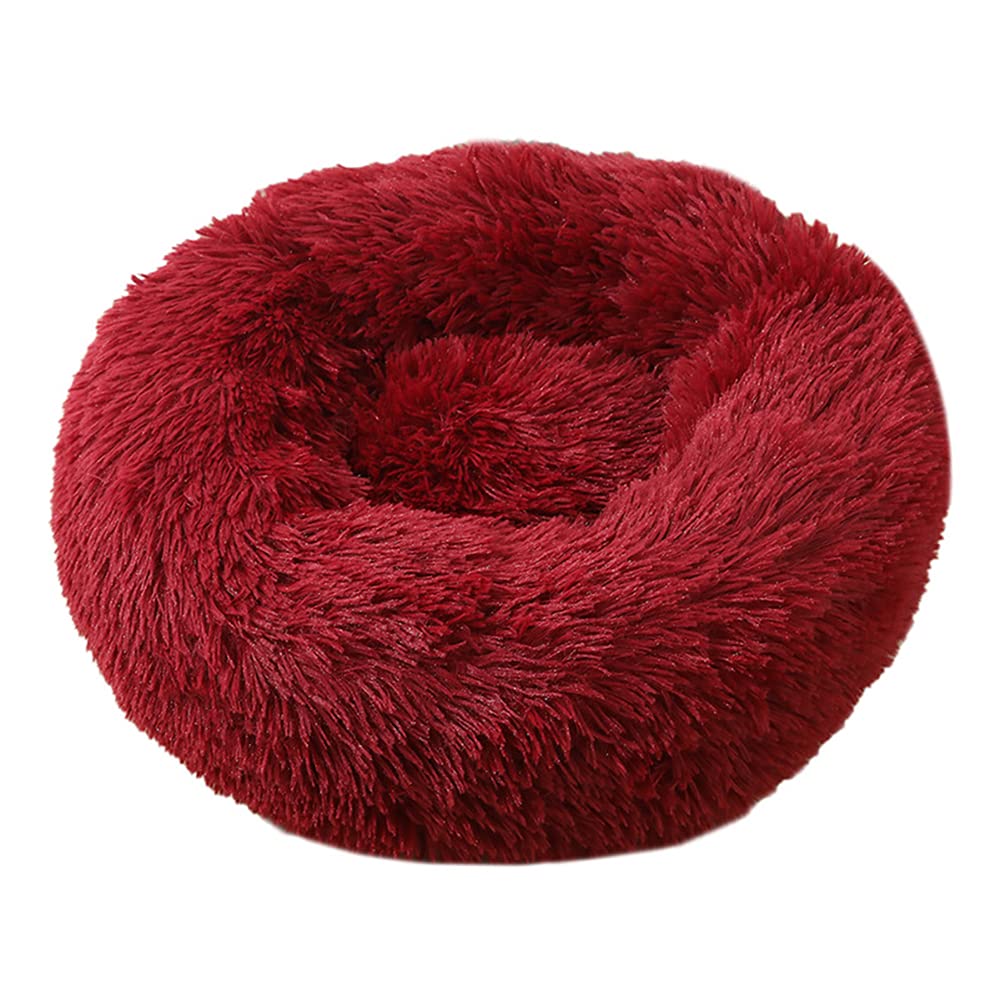Cozomiz Calming Faux Fur Dog Beds Calming Donut Cuddler Dog Bed Washable Round Cat Bed Pillow Cuddler Fluffy Indoor Dog Calming Beds with Anti Slip Bottom Solid Color Dark Red 47 Inch