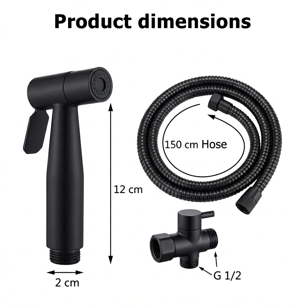 Grifo Bidet para WC Ducha Higiénica de Acero Inoxidable con Manguera 1.5m, para Higiene Personal y Limpieza de Mascotas Incluye Adaptador G1/2 (Negro) - 4