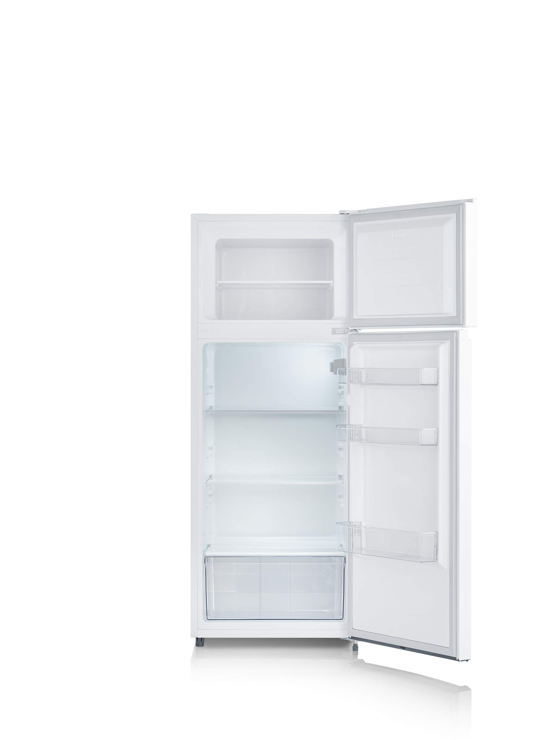 Severin Réfrigérateur Congélateur Haut 2 portes, Pose libre, Longueur 55 cm, 206 litres, Classe E, Veggibox incluse, Blanc, DT 8760