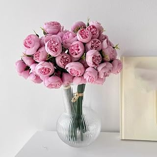 27 Heads Roses Peony Fake Flowers Retro Artificial Rose Flowers Silk Bouquet for Table Vase Bride Wedding Home Decoration (Deep Pink)