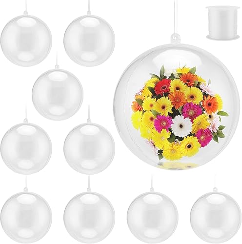 MANCHAP Paquete de 10 bolas transparentes rellenables de 5.5 pulgadas, bolas de adorno de plástico grandes, bola acrílica con cuerda de 164.0 ft