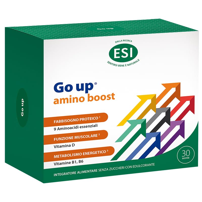 ESI, Go Up Amino Boost, Integratore Alimentare con 9 Aminoacidi Essenziali, Vitamina D, B1 e B6, Favorisce la Corretta Funzione Muscolare e il Metabolismo Energetico, Senza Zucchi, 30 Bustine