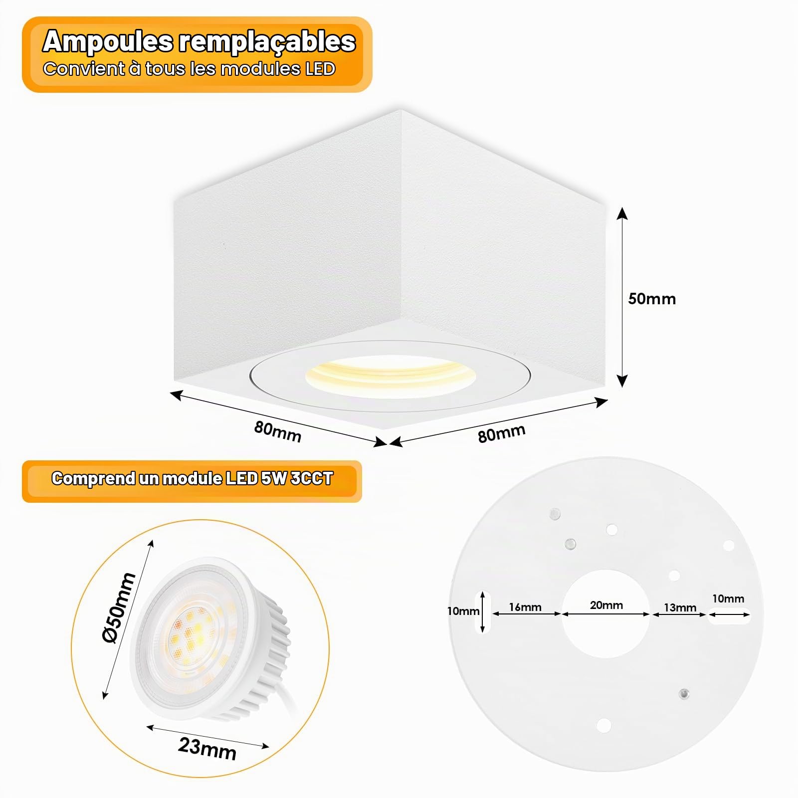2x Spots de plafond Blanc, Carré, Dimmable, IP44 salle de bain, Spot plafonnier plat Ø80x50mm, Comprend module LED remplaçable de 5W 550LM, 3CCT 3000K/4000K/6500K aluminium Spot LED en Saillie