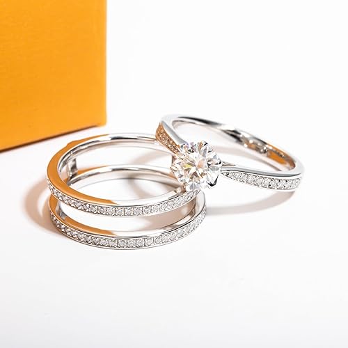Vista 5 de Juego de anillos de boda de moissanita, 3.7 CTTW color D, claridad VVS1, redondo, talla brillante, plata de ley 925, anillos de compromiso