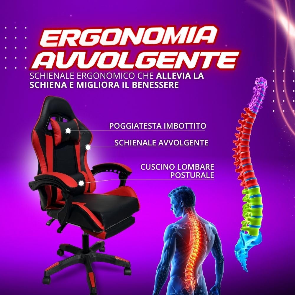 Sedia Gaming Ergonomica Reclinabile fino a 135°, con Poggiapiedi, Supporto Lombare e Poggiatesta, Rotazione 360°, Pistone a Gas, Pelle Sintetica Nera – Sedia Gaming Rosso/Nera