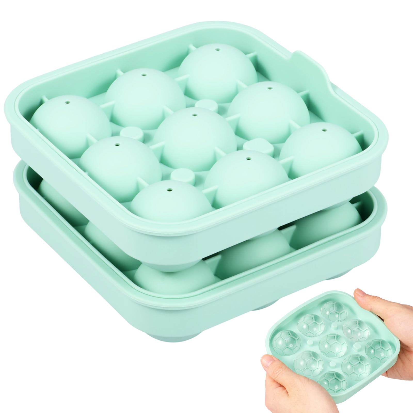 2 Pack Silicone Ice Ball Maker Mould with Lid,Large Reusable Round Soccer Shape Ice Cube Moulds for Whiskey Cocktails Drinks,Easy to Fill & Release(Green-9 grids)