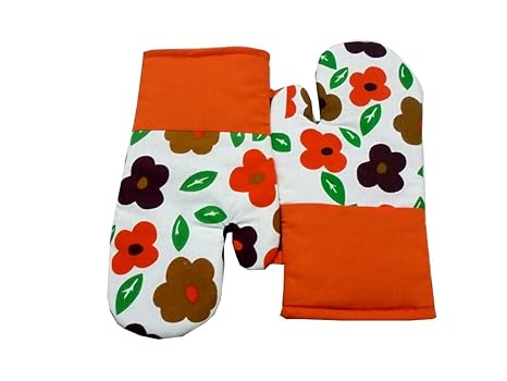 TIDY WHITE WITH ORANGE COLOUR FLORAL DESIGN COTTON MICRO OVEN HAND GLOVES - PACK OF 2PCS