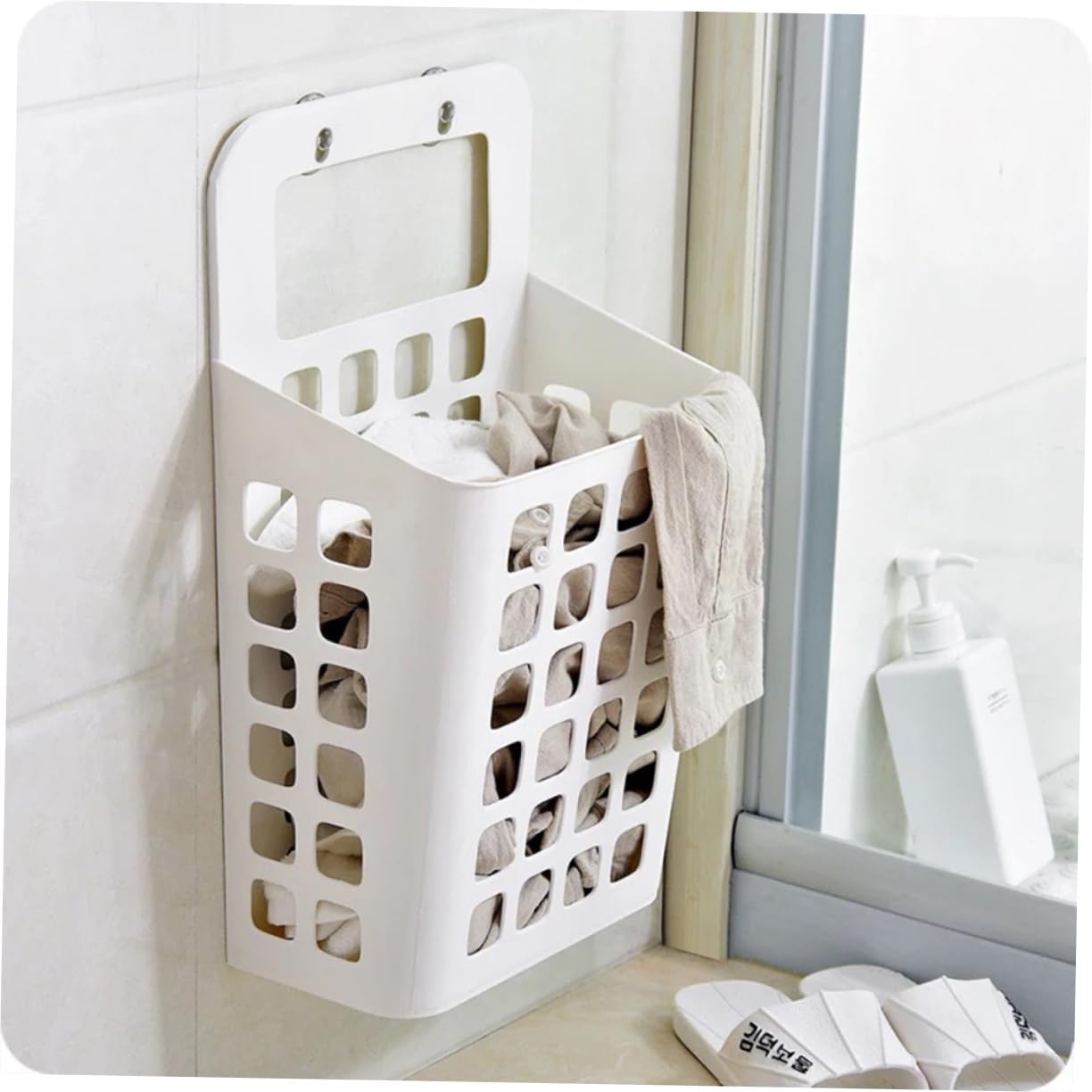 Outanaya Wall-Mounted Hanging Laundry Basket Suction Cup Plastic Storage Organizer for Clothes Toys and Towels Space-Saving Solution for Home and Office