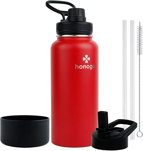 honogo 32 oz Powder Coated Double Wall Vacuum Insulated Sports Water Bottle, 18/8 Stainless Steel Wide Mouth Thermal Flask with Straw Lid & Spout Lid, Leak Proof, Sweat Free, BPA Free (Red, 32 oz)