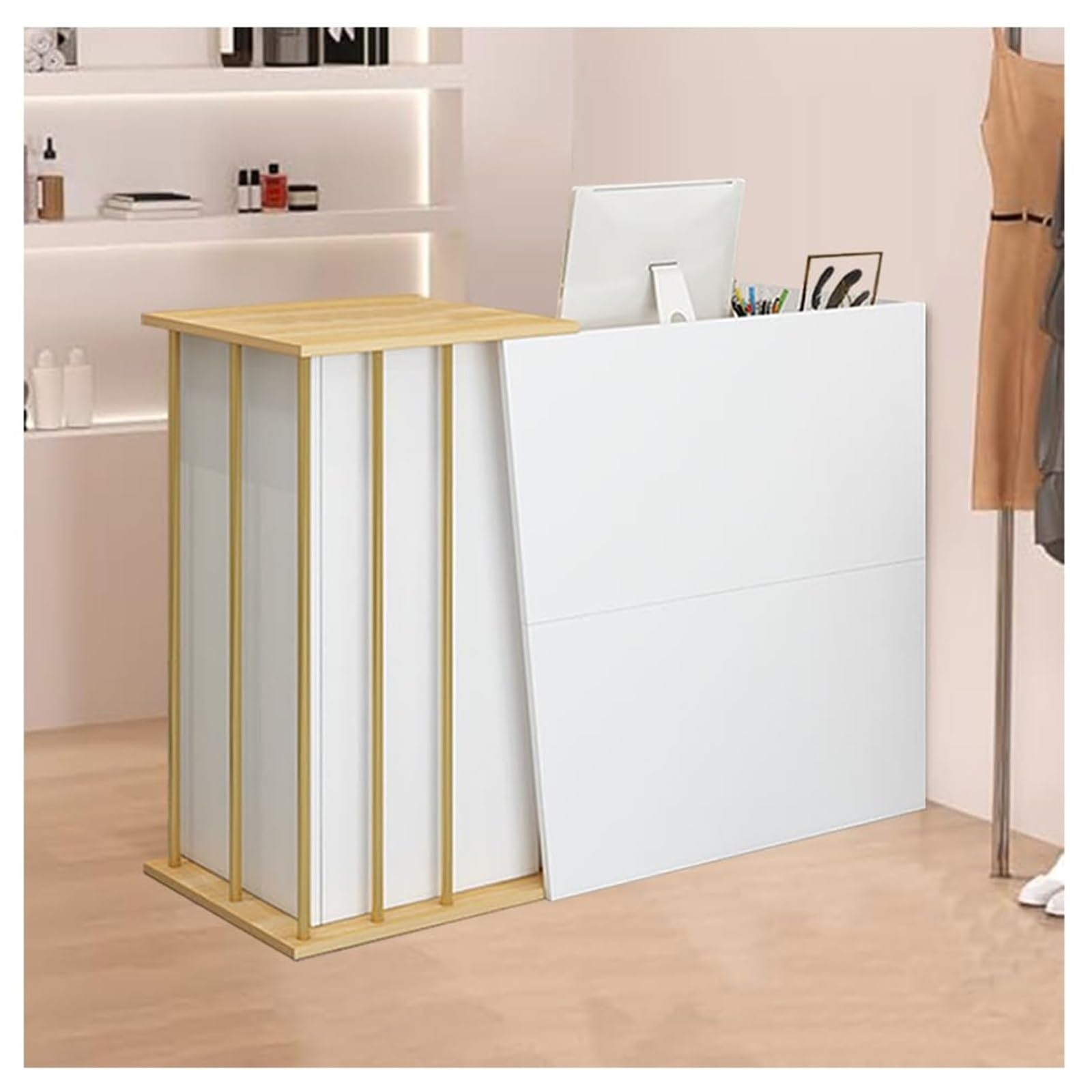 JingNian Bancone Cassa per Negozio, Banco Reception con Cassetti e Serratura, Scrivania Reception Moderna per Hotel, Abbigliamento, Sala d’Attesa e Ufficio(Warm White,100cm)