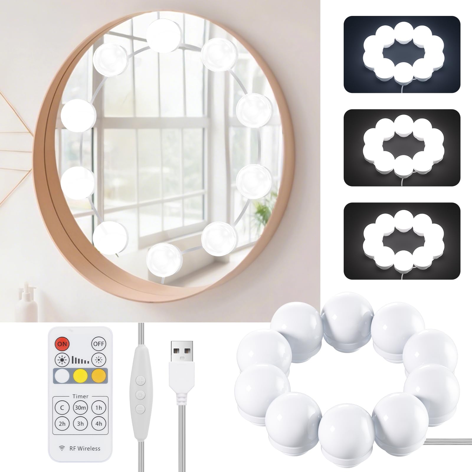 PSTAR Luces para Espejo Maquillaje, Kit De 10 Bombillas Led Regulables con control remoto RF, 3 Regulables Temperatura De Color, 10 Niveles De Brillo, Diseño de Cable USB Luces de Espejo de Tocador