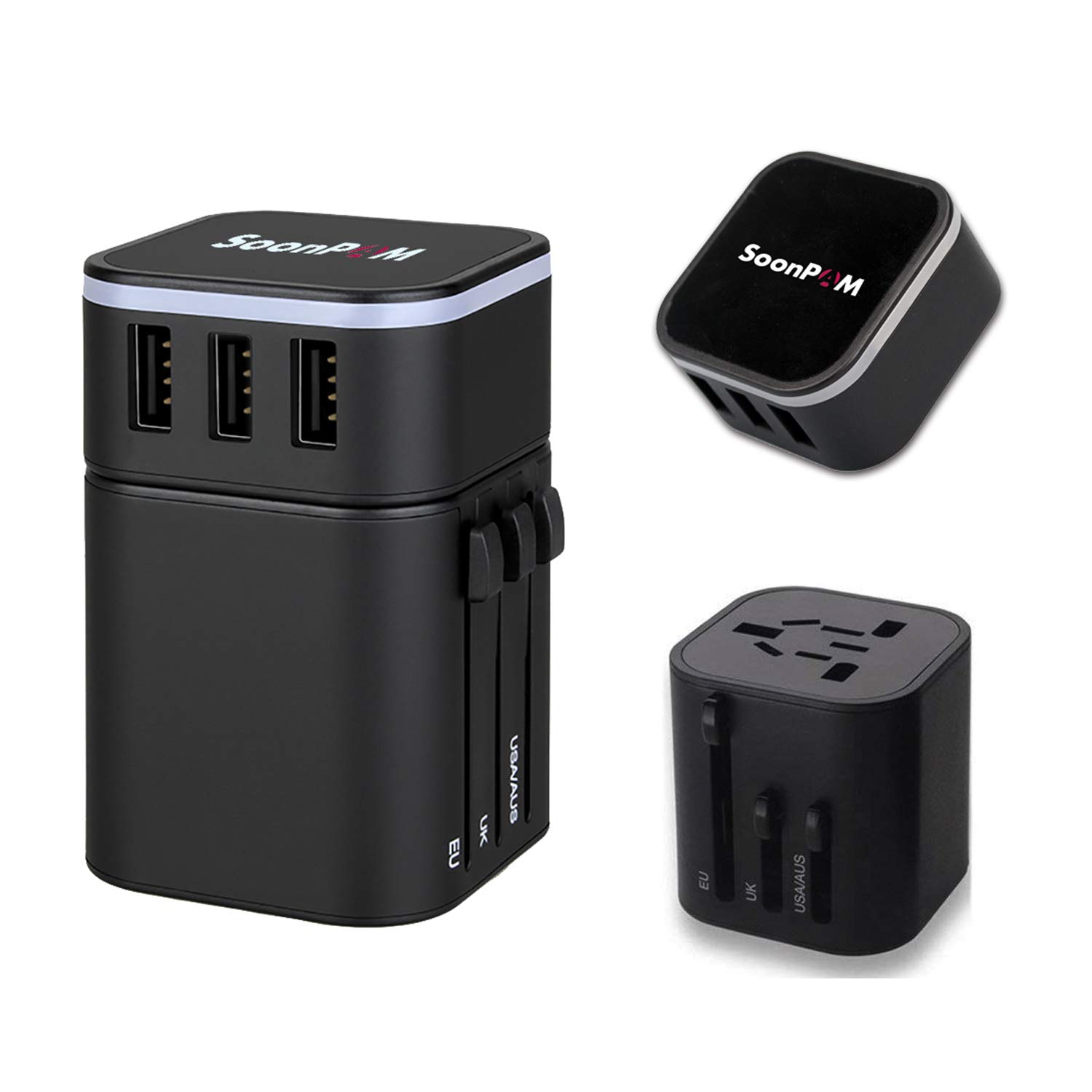 Travel Adapter SOONPAM Worldwide All in One Power Plug Adapter International Wall Charger Universal Power Adaptor Conventer with 3 USB Ports US to Europe for USA UK EU AUS (Black)