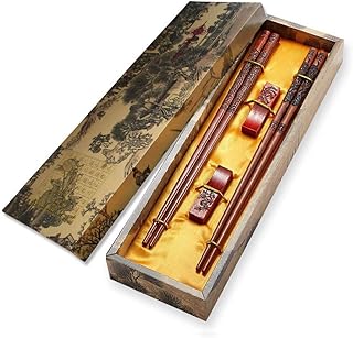 (2 paia) bacchette di legno con intaglio design, Mhkbd cinese Handmade riutilizzabile leggero poggia bacchette di legno naturale castagno con due set da regalo e stile classico