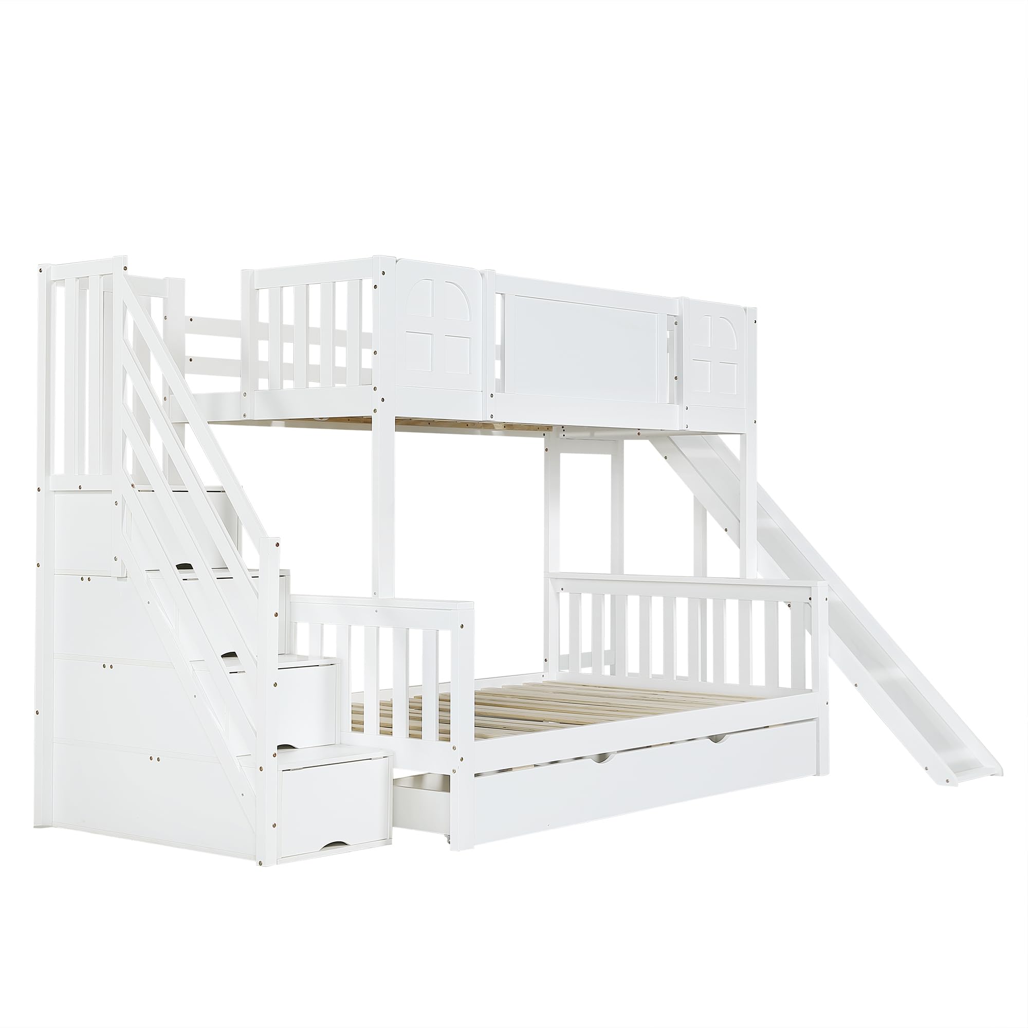 Etagenbett, Kinderbett Mit Fenster, Schubladen mit Rollen, Treppen mit Handlauf
