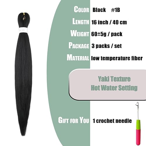 Miniatura 2 de XGY 3 paquetes de cabello trenzado negro natural preestirado de 16 pulgadas, preestirado sin nudos, pelo Kanekalon suave lacio sintético, trenzas de