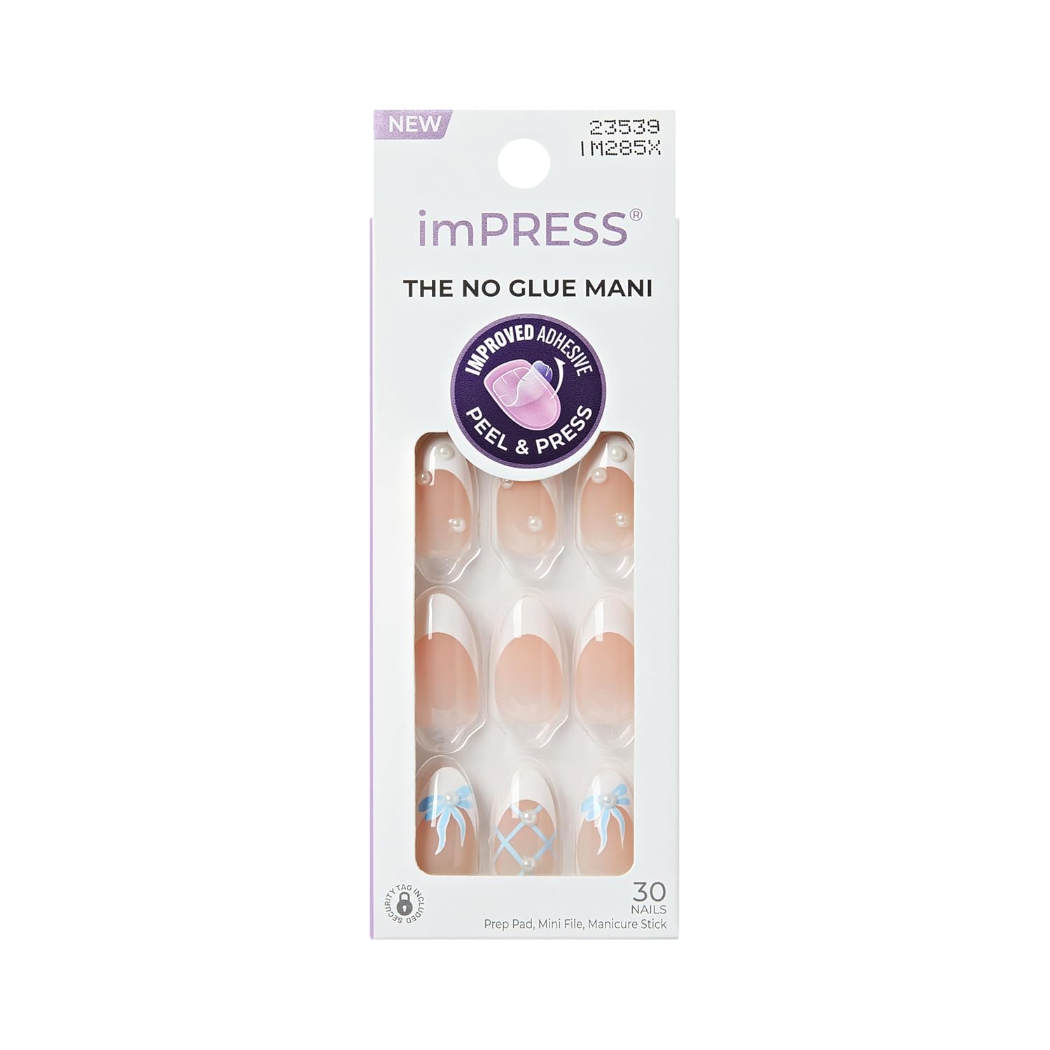Kiss Impress No Glue Mani Press On Nails, Design, 'Aura', White, Medium Size, Almond Shape, Includes 30 Nails, Prep Pad, Instructions Sheet, 1 Manicure Stick, 1 Mini File