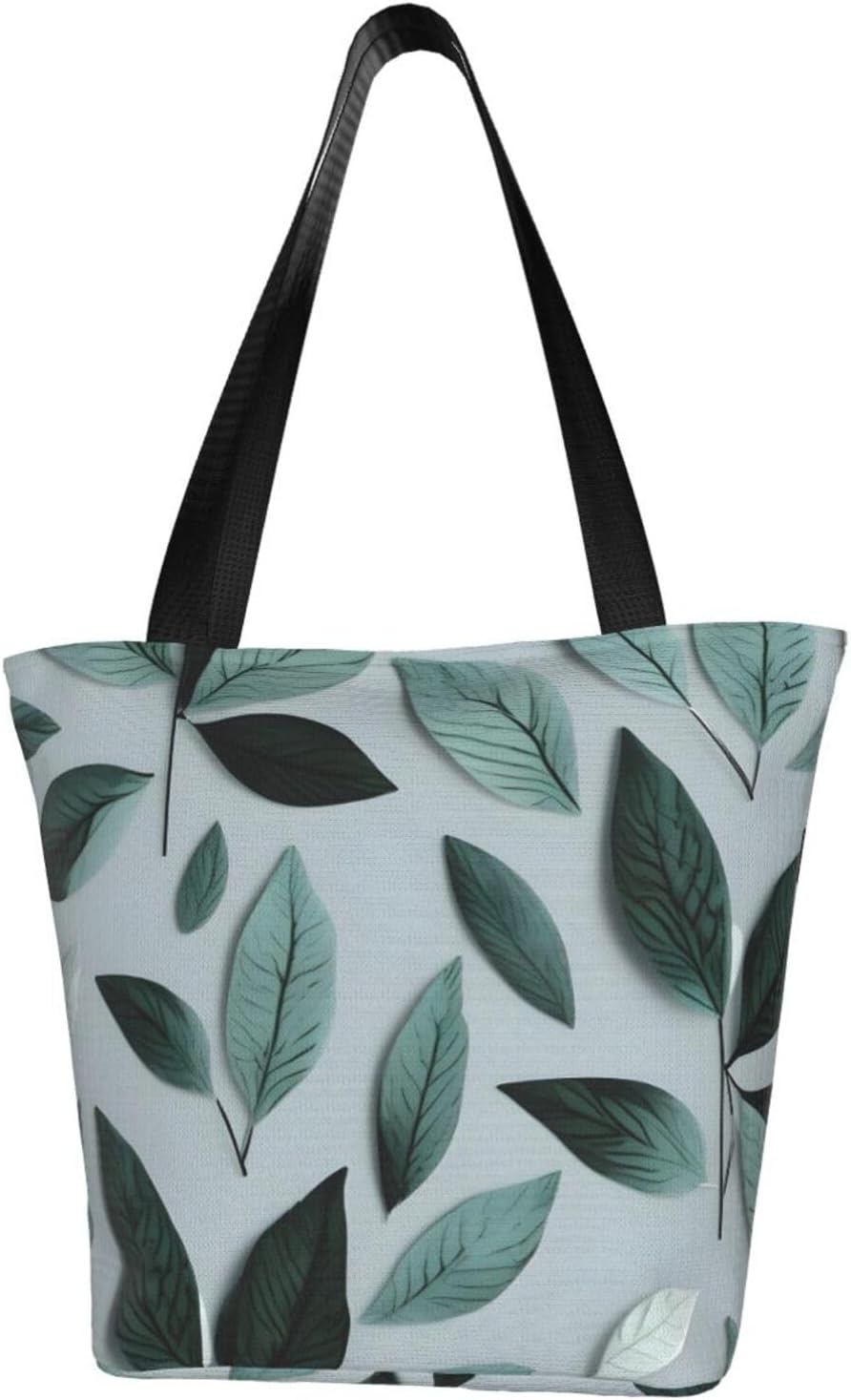 Mint Gray Leaf Print Comfortable Summer Shoulder Bag Canvas Tote Travel Beach Hiking Shopping Weekend