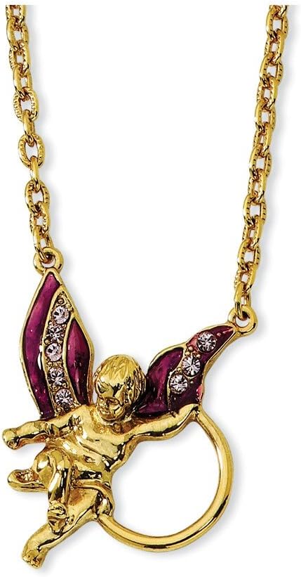 1928 Jewelry 14K Gold Dipped Angel With Purple Enamel Wings And Light Purple Crystals Badge And Eyeglass Holder Pendant Necklace For Women 28"