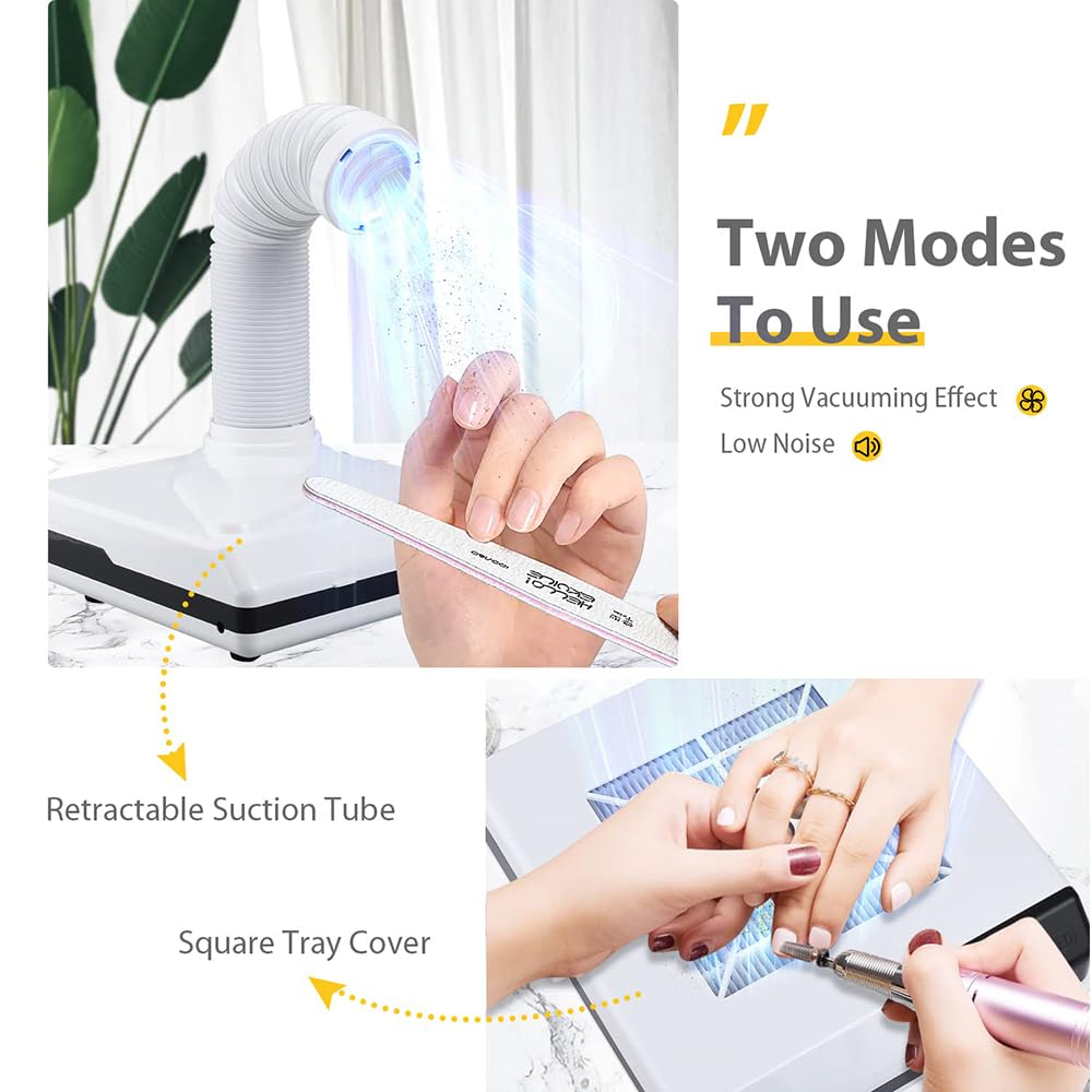 Colector de polvo de uñas, aspiradora de 60 W con 3 luces LED, filtro extraíble, 2 modos de succión, conducto de 360°, para salones, laboratorio, hogar