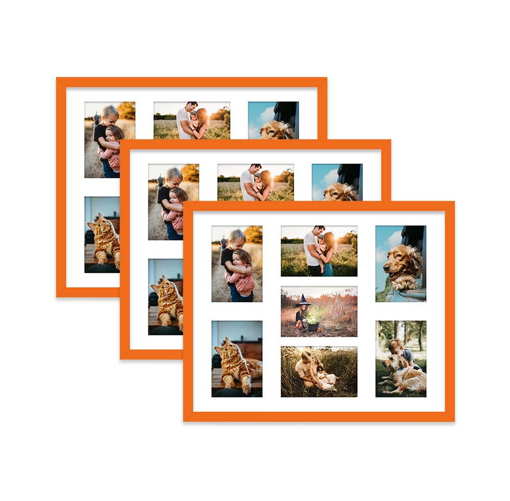 Orange Multi Photo Frame - Holds 7 x 6x4 Pictures, Family Collage Picture Frame for Wall Display, 20x16 Frame size, Set of 3