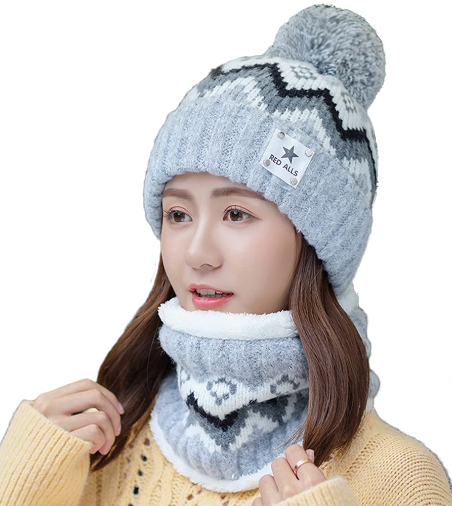 Womens Girls Knit Beanie Hats Scarf Set Soft Warm Fleece Lined Winter Ski Hat with Pompom